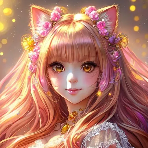 Prompt: Portrait Of A Cute Cat, Fluffy, Long Hair, Hyperdetalization Of Eyes, Lace, Beautiful Dress, Rhinestones, Sequins, Kind Face, Cute Smiles, Soft Facial Features, Thick Eyelashes, Jewelry, Lisa Frank, Anime, Anna Dittmann, Fantasy Art, Concept Art, Colourful Lighting, Golden Hour, anime Character Design, Unreal Engine, Vintage Photography, Beautiful, Tumblr Aesthetic, Retro Vintage Style, Hd Photography, Hyperrealism, Beautiful Watercolor Painting, Realistic, Detailed, Painting By Olga Shvartsur, Svetlana Novikova, Fine Art, Soft Watercolor