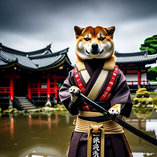 Prompt: A samurai shiba inu, dog, carrying sword, wearing kimono, Somber look, walking through battlefield, dark lighting, 