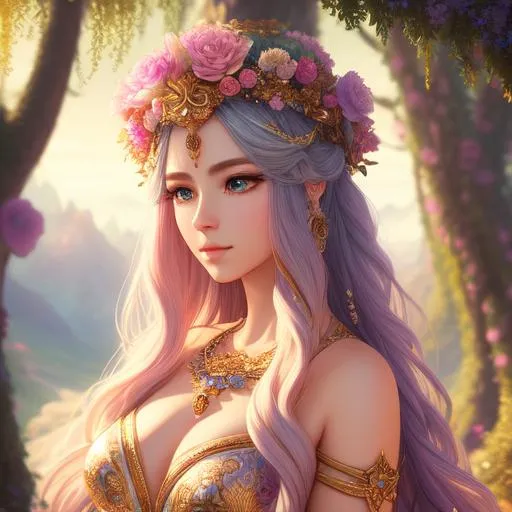 Prompt: panoramic portrait, a beautiful, goddess, landscape, detailed, floral, fantasy, landscape, floral, mushrooms, soft, pretty visuals, aestheticfull body and face focus, intricate details, exceptional detail, fantasy, ethereal lighting, hyper sharp, sharp focus, photorealistic portrait, detailed face, highly detailed, realistic, hyper realistic, colorful, unreal engine, Ultra realistic Huge cleavage, athletic body, Highly detailed photo realistic digital artwork. High definition. Face by Tom Bagshaw and art by Sakimichan, Android Jones" and tom bagshaw, Biggals