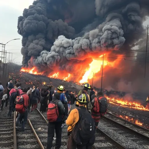 Prompt: train station on fire and people fleeing an train on fire krashes on the fired up station