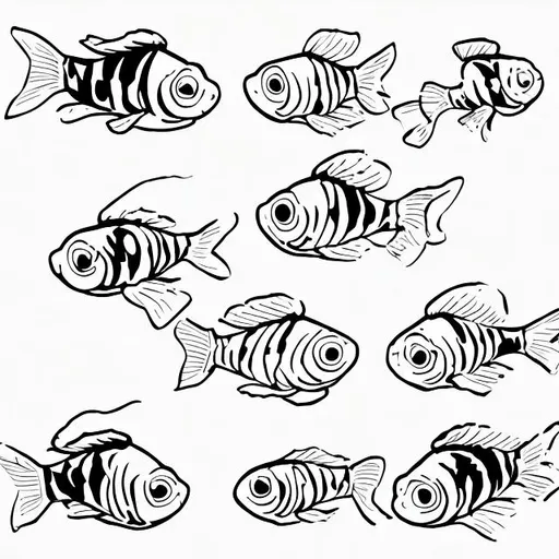 Prompt: A simple line drawing of a group of 9 goldfish.
