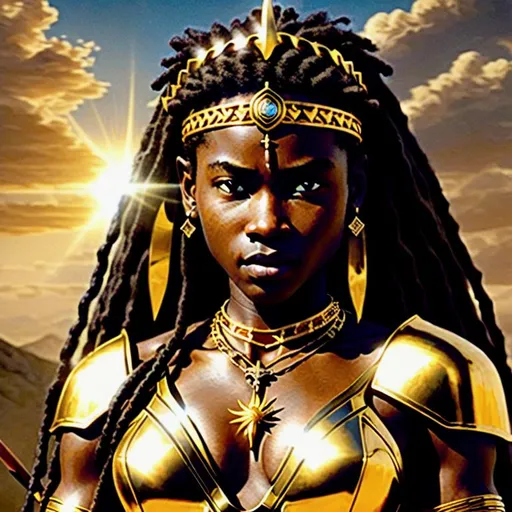 Prompt: (Hyperrealistic movie poster of "Sun bringer")
Ebonian warrior princess. Strong willed, determined, beautiful, scarred, charismatic.
Golden necklace, golden headband. Light armor. Tribal. Spear. #Marabeth