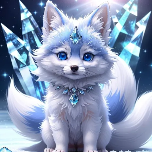 Prompt: (masterpiece, professional illustration, epic digital art, best quality:1.5), insanely beautiful tiny ((fox kit)), (canine quadruped), ice elemental, silky silver-blue fur covered in frost, timid, alert crystal blue eyes, gorgeous 8k eyes, fluffy silver neck ruff covered in frost, two tails, (plump), enchanted, magical, finely detailed fur, hyper detailed fur, (soft silky insanely detailed fur), moonlight beaming through clouds, lying in frosted meadow, grassy field covered in frost, cool colors, professional, symmetric, golden ratio, unreal engine, depth, volumetric lighting, rich oil medium, (brilliant auroras), (ice storm), full body focus, beautifully detailed background, cinematic, 64K, UHD, intricate detail, high quality, high detail, masterpiece, intricate facial detail, high quality, detailed face, intricate quality, intricate eye detail, highly detailed, high resolution scan, intricate detailed, highly detailed face, very detailed, high resolution