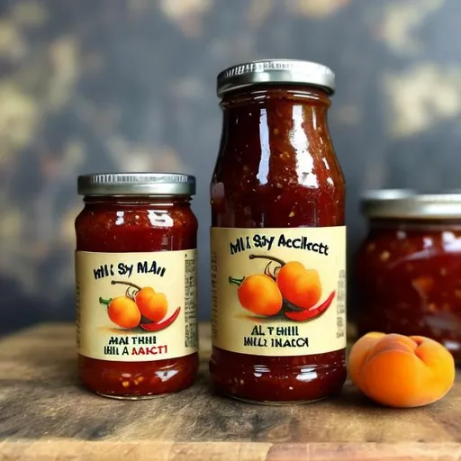 Prompt: I would like a label for a mild & sweet chilli relish that includes some rustic art. The label should have the name "Kiss my Apricot A.S.S.' at the top of the label and "Sweet Apricot & Chilli Relish" shown at the bottom.
the label is for a jar