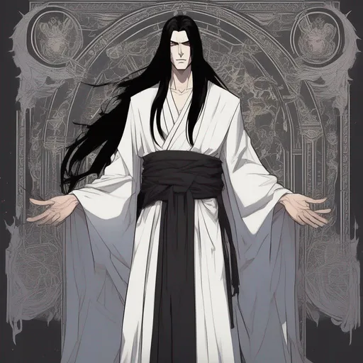 Prompt: dnd a thin and tall human man with long straight black hair and pale skin wearing a black toga god of death