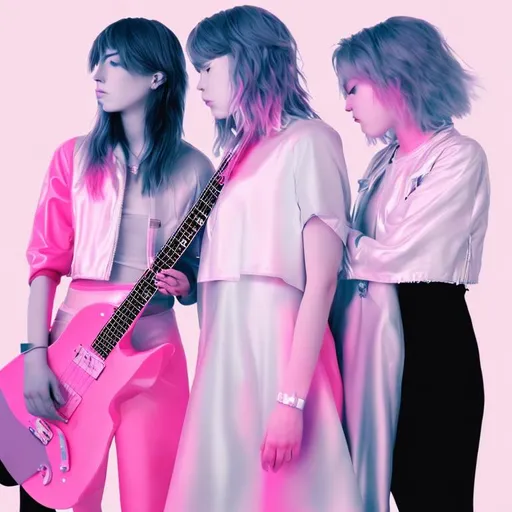 Prompt: Cover for a music album - for 2 sapphic lovers pink silver genderfluid - can’t see face -  guitar music - can’t see face - abstract - backs turned to the camera