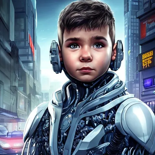 Prompt: Create a picture of Liam who is born in a high-tech, fast-paced city of year 2075, Liam embodies the potential of human bioengineering and cybernetic enhancements. With the advent of genetic modification, his parents selected traits that would give him an edge in the competitive world. He has enhanced cognitive abilities, thanks to genes chosen for their association with intelligence, memory, and focus.

His eyes are engineered to possess tetrachromacy, allowing him to perceive a range of colors invisible to the ordinary human eye, a feature that assists in his career as a digital artist. Liam also has a cybernetic arm, a result of an accident in his early teens. The prosthetic limb not only functions like a normal human arm but is equipped with various tools, a digital interface, and enhanced strength.

His physical appearance is striking, with naturally dark skin, a result of a genetic modification designed to protect him from the increased UV radiation due to climate change, and the silver sheen of his cybernetic arm.