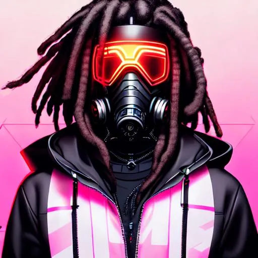Prompt: cyberpunk edgerunner man, dreadlocks, techwear, gas mask, neon background, portrait, HD, by Ilya Kuvshinov