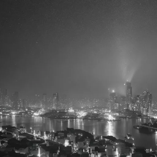 Prompt: night city lights, misty aurea, bw, perspective shot
