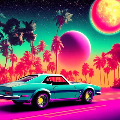 Prompt: retro car scene, miami, retrowave, neon, synthwave, vaporwave, highly detailed, galaxy sky, cosmos