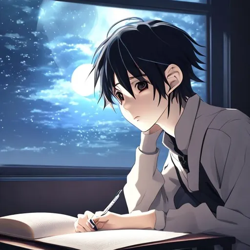 Prompt: an anime boy studying far away with a black background