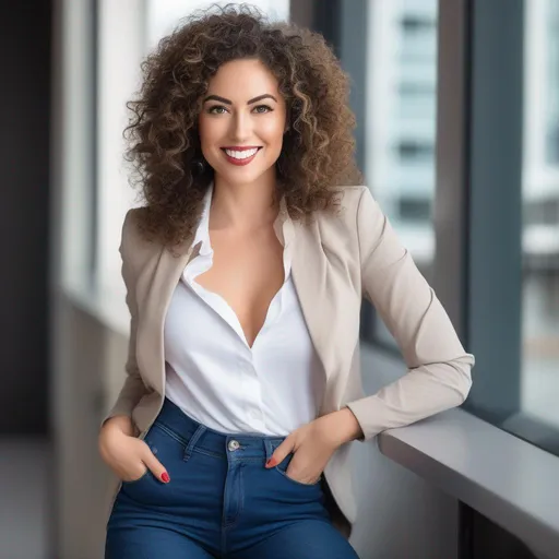 Prompt: An attractive 35 year old woman with very curly hair, elegant, large eyes, modern, stylish makeup, full body view, white tshirt with a jacket and blue jeans, happy, smiling, (erotic), office background