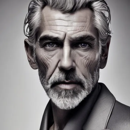 Prompt: Man in his fifties, silver hair, wavy hair flowing back to the shoulder, angular eyebrows, wide eye, gray eye, long and straight triangular nose, thin and thin lips, sharp triangular jaw, mustache, beard