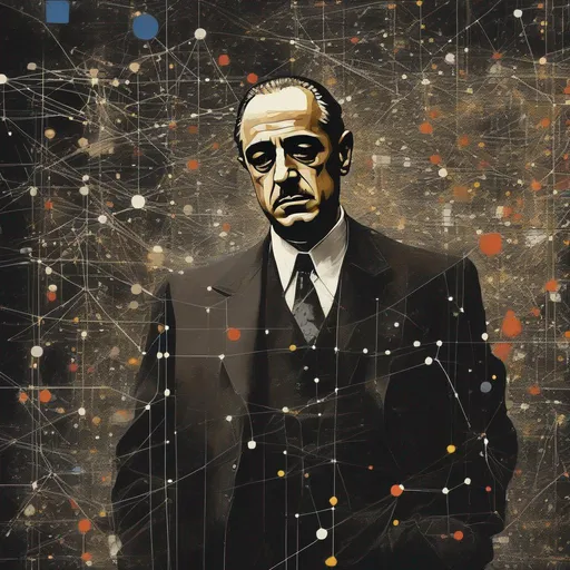 Prompt: The Godfather and futuristic graphics representing networks, data flows or digital patterns in a Jackson Pollock painting