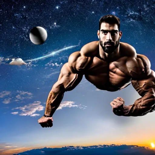Prompt: Handsome tall giant hyper muscular Spanish bodybuilder packed with muscle takes up entire sky