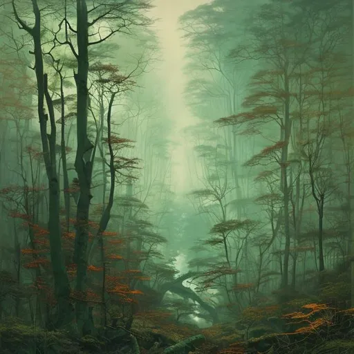 Prompt: Landscape painting, dense and dark green deciduous forest, dull colors, danger, fantasy art, by Hiro Isono, by Luigi Spano, by John Stephens