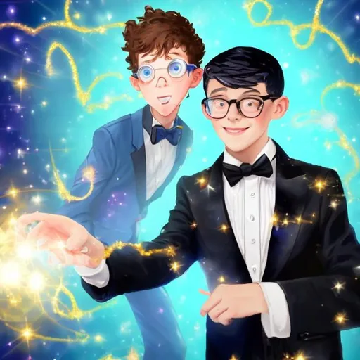 Prompt: 13 year old boy in a black tuxedo cast a gold sparkly crazy magic spell with his magic wand on his teacher who is that gose flying through the air towards  his teacher who is in a white dress shirt with a very puffy collar