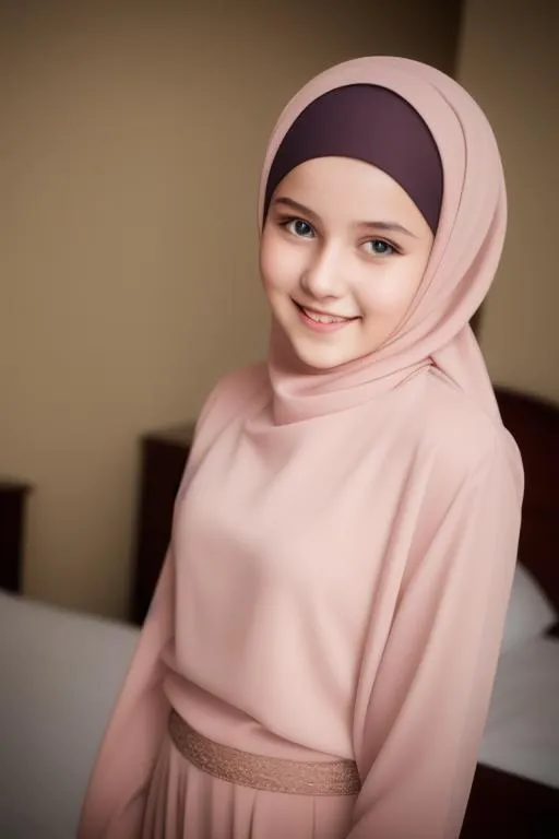 Prompt: photorealistic protrait raw color protrait photo, cinematic light, ukranian young girl (15 year old) , cute girl , pretty girl , ((hijab)) , highres, smile , (((full body shot ))), hotel room background, slapped bra