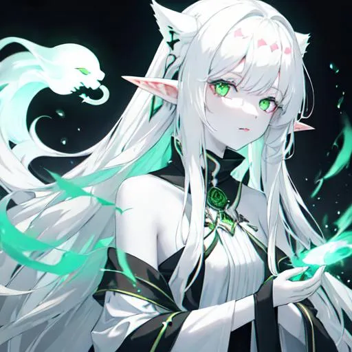 Prompt: female ghost (long white hair, pale skin, glowing green eyes, elf ears), UHD, 8K
