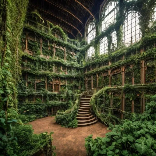 Prompt: Giant grand library overgrown with vines, plants, and flowers
