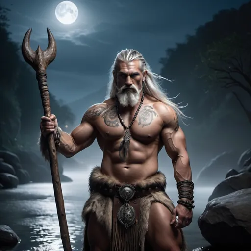 Prompt: (Barbarian Shaman), (muscled, tattoos), (long silver hair and beard), fur and leather robes, magical pose, magical staff, set against a (misty river-land landscape) under (moonlight), enveloped in (deep shadows), (photorealistic), dramatic contrast lighting creating an (atmospheric) and (mystical ambiance), featuring (cool tones) that enhance the mood, ultra-detailed, 4K resolution capturing intricate details that bring the scene to life.