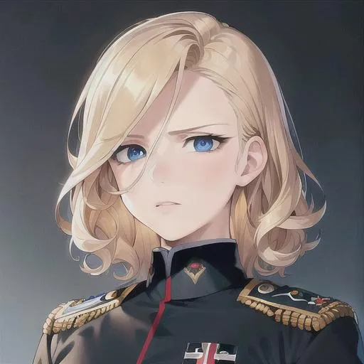 Prompt: (masterpiece, illustration, best quality:1.2), portrait, mad expression, mature look, death stare, eye bags under eyes, very short curly blonde hair, blue eyes, all black German soldier uniform, best quality face, best quality, best quality skin, best quality eyes, best quality lips, ultra-detailed eyes, ultra-detailed hair, ultra-detailed, illustration, colorful, soft glow, 1 girl