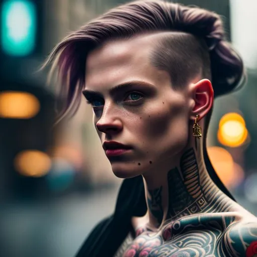 Prompt: raw photography, best quality, masterpiece, realistic, ultra detailed, maximalist, woman, sfw, arm tattoo, raining, rim lighting, nose ring, jewlery, specular highlights, subsurface scattering, 3d ray tracing, octane render, cyberpunk fashion, Short pixie with long straight hair and undercut, big blue eyes, (looking at viewer:1. 2), (high angle shot:1. 3), colorful tattoos, blue and pink hair, detailed background, in the night city, portrait, smiling, tonemapping, seductive look, night, close up face shot, soft lights, 8k, realistic, Nikon z9, focus face