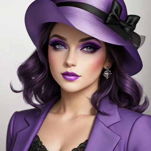 Prompt: A woman all in purple, pretty makeup, wearing a hat