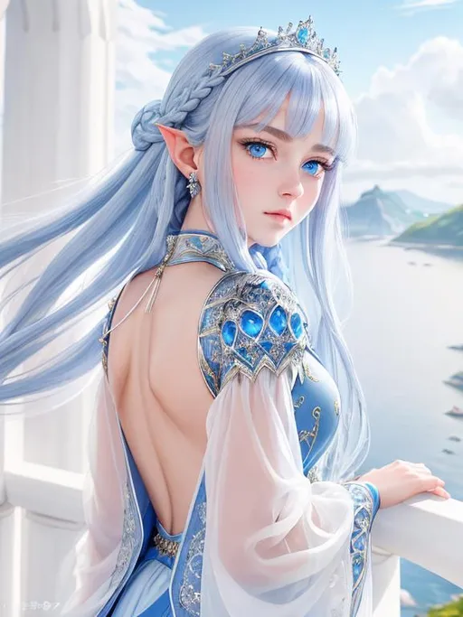 Prompt: 1 girl, queen, highly detailed blue eyes, highly detailed face, innocent looking, regal looking, regal, 8k UHD, young girl, pointy ears, divine, highly detailed blue dress, long sleeved, anime, long dress, fully clothed, fantasy kingdom backdrop, highly detailed back braided silver hair, slight front bangs, scenic view landscape, magical feel, aerial view, idyllic, overhead shot, determination
