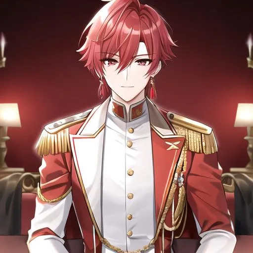 Prompt: Zerif male (Red half-shaved hair covering his right eye) 4k, wearing a royal uniform