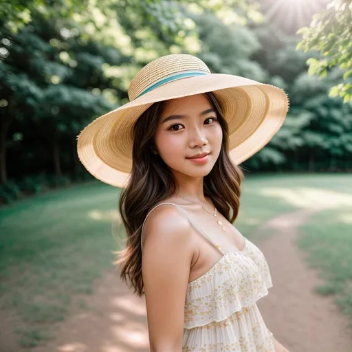 Prompt: Best portrait photography, 35mm film, natural blurry, 1girl, sun dress, wide brimmed hat, radiant complexion, whimsical pose, fluttering hair, golden sunlight, long shot, shallow depth of field, bokeh, dreamy, chinese cute girl