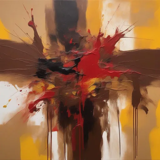 Prompt: An abstract expressionist painting in clashing hues of vibrant sepia tones brown and red, with thickly applied gestural brushstrokes and paint drips. dynamic composition has a bold, contemporary vibe. In the energetic style of abstract color field painting. single yellow dot in the middle