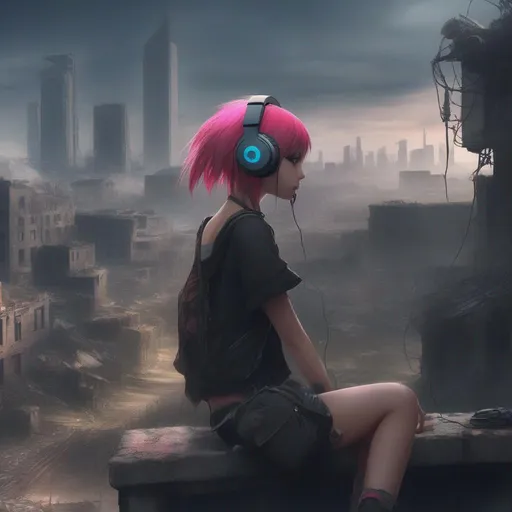 Prompt: Masterpiece, 4k, Punk Girl, Headphones, Anime, Dystopia, Cityscape, Ruins, Post-Apocalyptic
