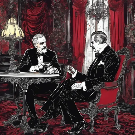 Prompt: (Boris Karloff talking to Vincent Price), Black and White pen and ink sketch style, dark color scheme, elegantly gothic attire, intricate details, dim lighting, dramatic shadows, opulent background, luxurious textures, ornate furniture, deep reds and blacks, baroque patterns, solemn atmosphere, rich color tones, dark romanticism, ultra-detailed, 4K, photorealistic masterpiece, timeless elegance.