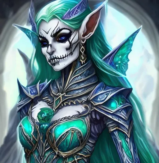 Prompt: Skeleton elf woman 🧝‍♀️ blue and green full set armor 