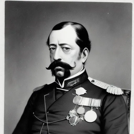 Prompt:  portrait of a middle-aged man styke Napoleon III with gray eyes parted hair to the left long handlebar mustache and imperial goatee wearing a general's uniform