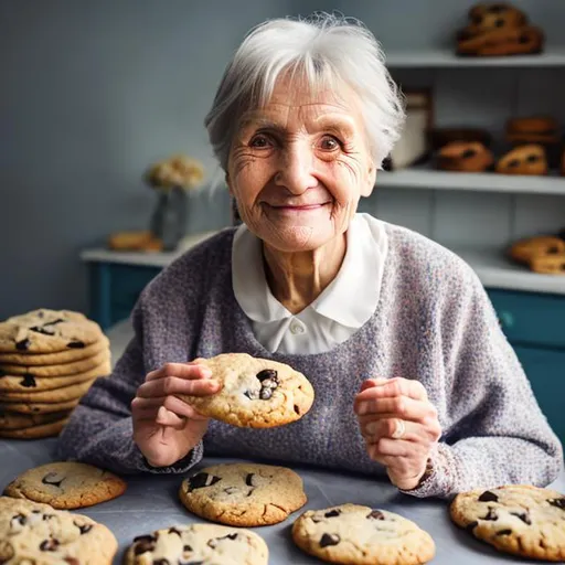 Prompt: (realistic photo, professional photo) short old woman, holding a plate of cookies