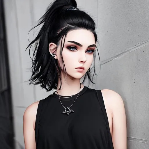 Prompt: edgy. insanely beautiful 16 year old girl. short wavy black hair with light grey undercut.  wearing an edgy black top and black jeans. perfect grey eyes. perfect anatomy. symmetrically perfect face. hyper realistic. heavenly beauty. award winning beauty.