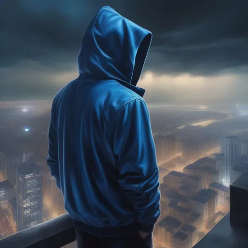 Prompt: A gay looking down from a high building to a live city at night, wearing blue and black Hood, Dark and cloudy weather, his Chen appears, the view is behind his shoulder, realistic, reality image