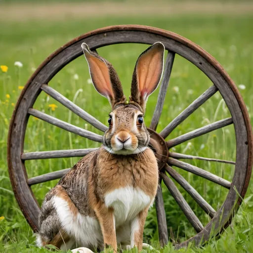 Prompt: A photographic  small but big eared jack rabbit sitting beside an old oversized wagon-wheel in the field of cloverwith large watchful eyes and chewing on a few blades of grass