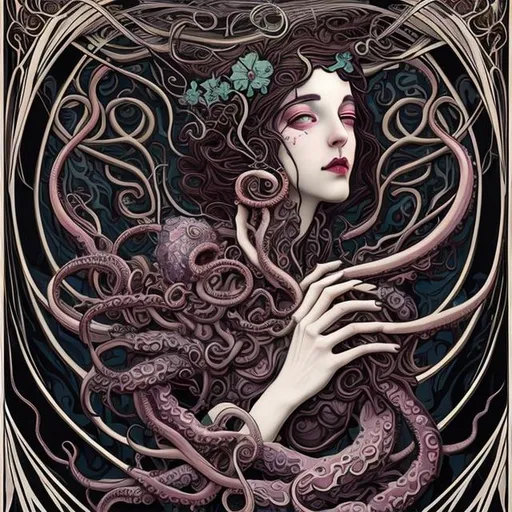 Prompt: A beautiful women embraces and merges into an Eldritch abomination in art nouveau style with tentacles and flowers the palette is surreal with stark contrasting colors.