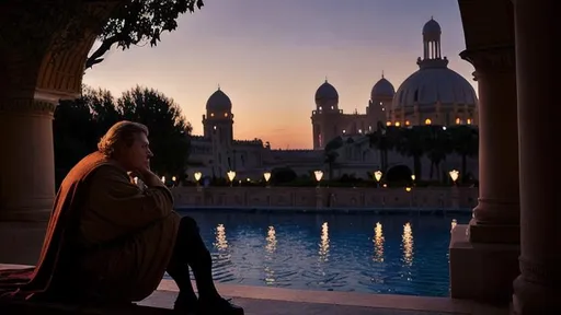 Prompt: Older Anakin skywalker, watching the beautiful and melancholy sunset on theed, Naboo palace. 