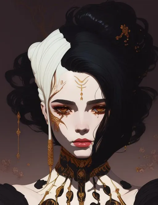 Prompt: Art by Gaia. Influenced by -1000 BC. Art by J. C. Leyendecker, Ilya Kuvshinov, and Kaethe Butcher. decorate with silva and cherry gold.