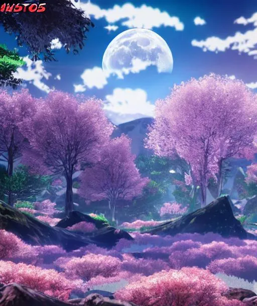 Prompt: Anime style Moonlet forest with mountains