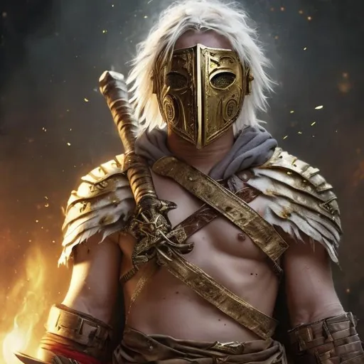 Prompt: young man gold,  very white scarred skin, covered in bandages, gold tattered cloth armor exposes his midriff, hood of magical mask like,  large gold gem between pecs in chest, Barbarian, Strong, wielding large two-handed great-axe, Fantasy setting,