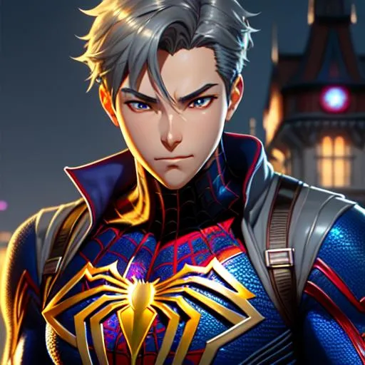Prompt: 64K, centered position Full body of spiderman, Mobile Legend, perfect eyes, grey hair, symmetrical, lighting, detailed face, by makoto shinkai, stanley artgerm lau, wlop, rossdraws, concept art, digital painting, looking into camera, intricate ornament on his suit, castle background, colorful ambient, colorfull, HDR, 64K
