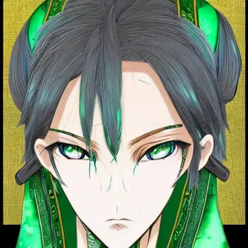 Prompt: Female Nephilim anime character wearing a black and green kimono
 sudo-realistic, intricate detail, finely depicted facial features showing green eyes and soft features and scaley skin
