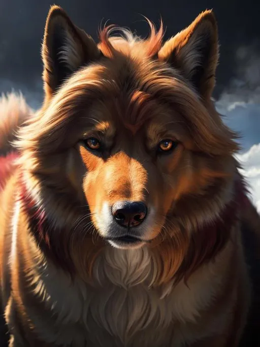 Prompt: 8k, 3D, UHD, masterpiece, oil painting, best quality, artstation, hyper realistic, photograph, perfect composition, zoomed out view of character, 8k eyes, Portrait of a (beautiful Ninetales), {canine quadruped}, thick glistening gold fur, deep sinister (crimson eyes), ageless, lives a thousand years, epic anime portrait, wearing a beautiful (silky scarlet and gold scarf), thick white mane with fluffy golden crest, golden fur lighlights, studio lighting, animated, sharp focus, intricately detailed fur, graceful, regal, cinematic, magnificent, sharp detailed eyes, beautifully detailed face, highly detailed starry sky with pastel pink clouds, ambient golden light, perfect proportions, nine beautiful tails with pale orange tips, insanely beautiful, highly detailed mouth, symmetric, sharp focus, golden ratio, complementary colors, perfect composition, professional, unreal engine, high octane render, highly detailed mouth, Yuino Chiri, Anne Stokes