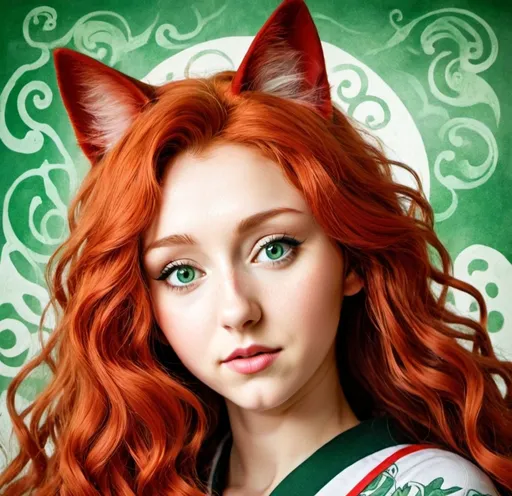 Prompt: Japanese ink art, full body view, Celtic woman with cat ears and tail, long red curly hair, detailed green eyes, detailed skin texture, detailed Japanese background, diffused lighting, delicate, artistic, beautiful, 