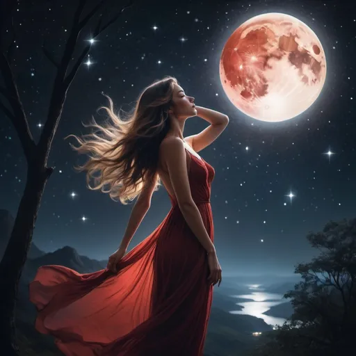 Prompt: In a serene setting beneath a canopy of twinkling stars, a beautiful woman stands illuminated by the soft glow of the moonlight. Her silhouette is striking against the dark night sky, creating a captivating contrast that accentuates her elegance and grace.

She has flowing hair that seems to shimmer and dance in the gentle night breeze, reflecting the subtle light of the stars above. Her eyes sparkle with a mysterious allure, mirroring the constellations that dot the sky.

Her attire is simple yet elegant, a flowing dress that seems to mimic the movement of the night sky itself. It billows gently around her as she stands, creating a dreamlike aura that adds to her ethereal beauty.

As she gazes up at the stars, a sense of wonder and awe fills her expression. Her connection to the universe is palpable, as if she holds a secret understanding of the mysteries of the cosmos.

Surrounded by the beauty of the night sky, this woman embodies the timeless allure of the heavens. Her presence is both calming and enchanting, making her a mesmerizing focal point against the backdrop of the starry night.

The night has a blood moon feel. It is red in color.









